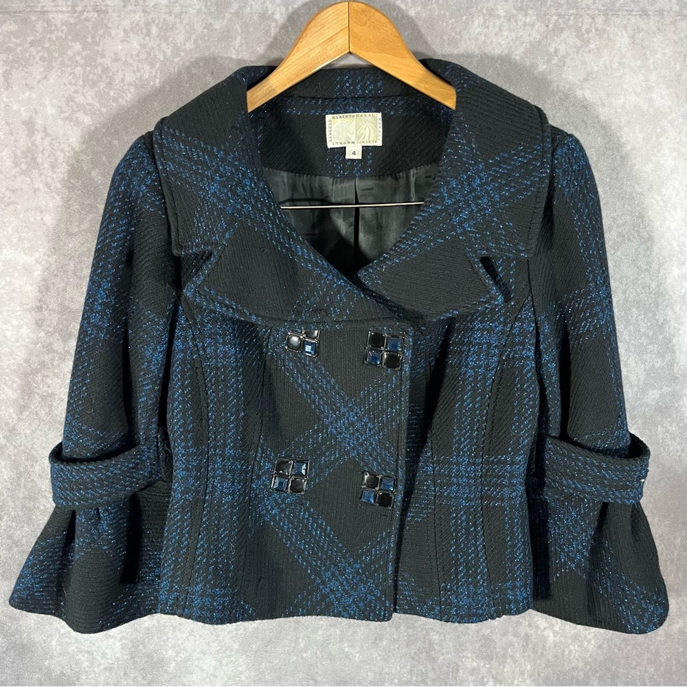 Alberto Makali Jacket Womens 4 Blue & Black Cropped Jewel Accents Double Breast‎